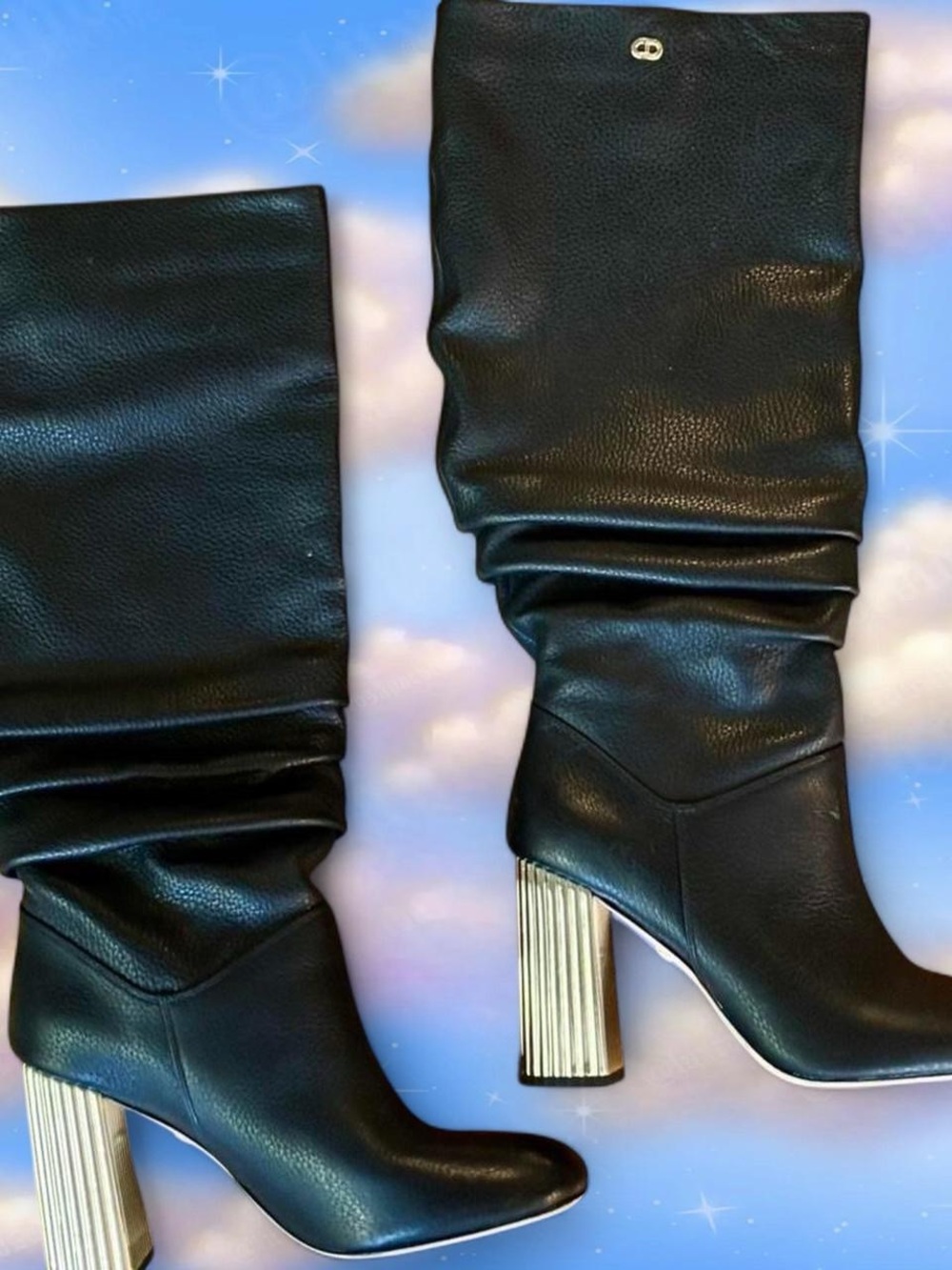 Black Slouch Leather Mid-Calf Boots with Gold Block Heel